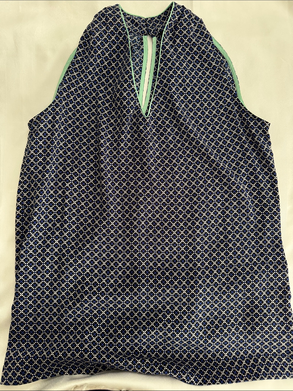 Cynthia Rowley Navy Geo Print Sleeveless Tank With Mint Trim
